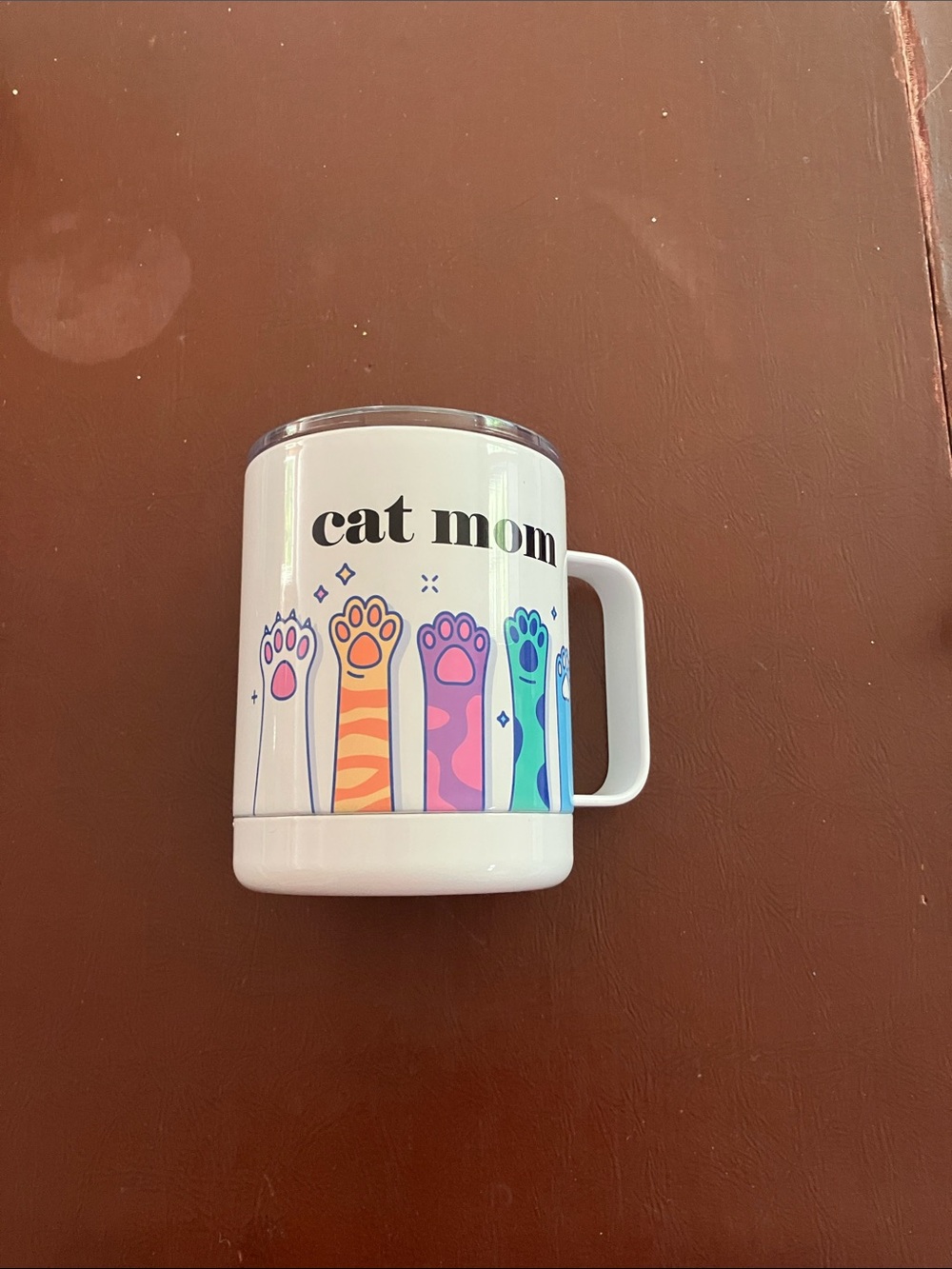 Cat Mom Insulated White Travel Mug with Multicolor Cat Paws